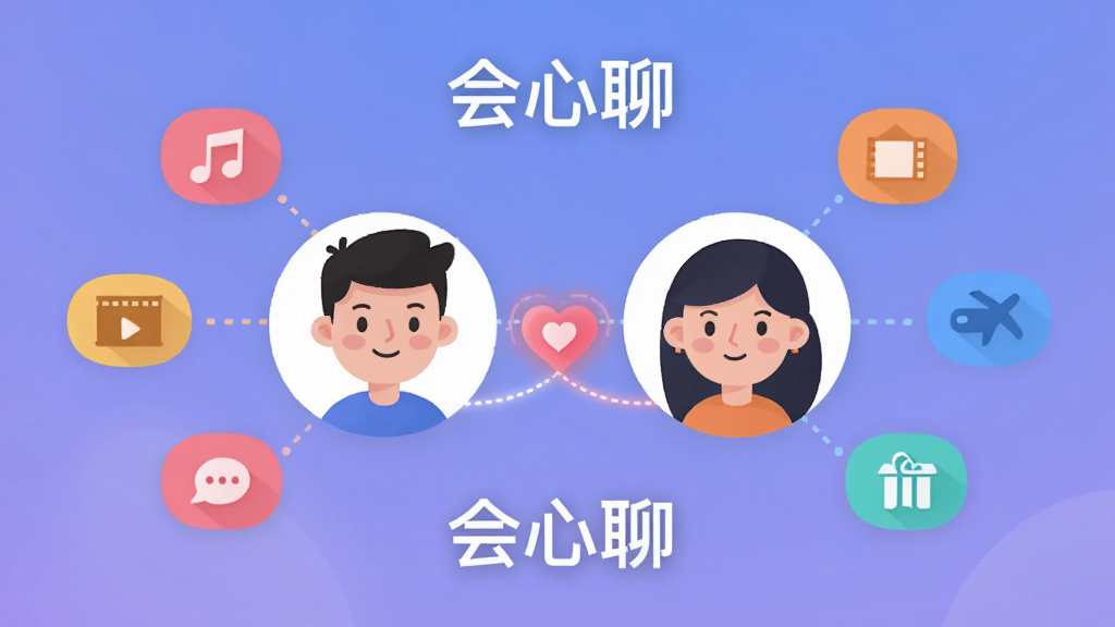 会心聊灵魂匹配功能预览,画面中央两个卡通人物头像通过闪烁的心形连线连接,周围散布兴趣标签图标如音乐、电影、旅行,背景柔和渐变蓝紫色,布局均衡,排版干净,风格现代扁平,细节突出“会心聊”软件名称字样,画质清晰无杂乱元素