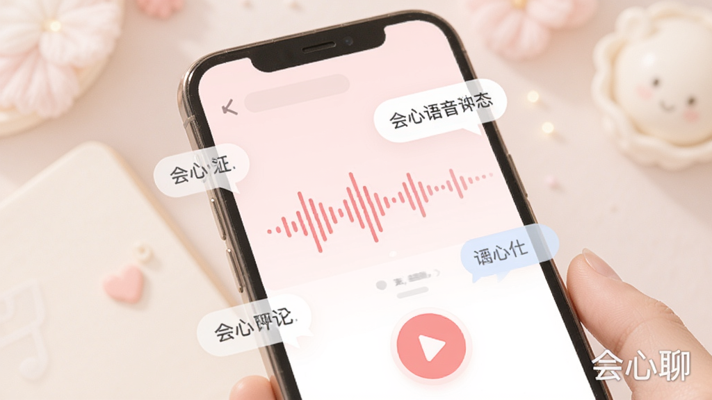 会心聊语音动态界面示意图,手机界面展示一条声波动画与播放按钮,背景为淡粉色氛围,配有几个评论气泡,布局简洁,排版清晰,风格柔和温馨,细节包含“会心聊”水印,画质干净明亮无多余元素