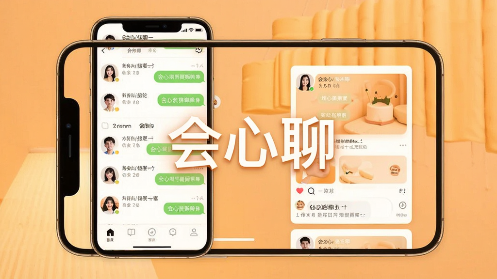 会心聊APP主界面展示,手机屏幕内显示聊天列表与动态卡片,暖色调背景,界面简洁现代,主体突出“会心聊”三个字,布局居中,风格清新明亮,细节包括头像、消息气泡和底部导航栏,画质高清干净无多余元素