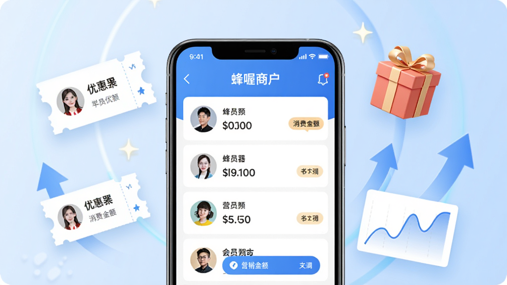 主体为“蜂喔商户”会员营销功能展示图,画面中央是手机界面,显示会员列表和营销活动创建页面,周围悬浮着优惠券、礼品盒和上升箭头等图标。布局采用环绕式构图,主体突出。风格为科技商务风格,背景为淡蓝色渐变。细节包括会员头像、消费金额标签和数据曲线。画质明亮清晰,无多余元素。