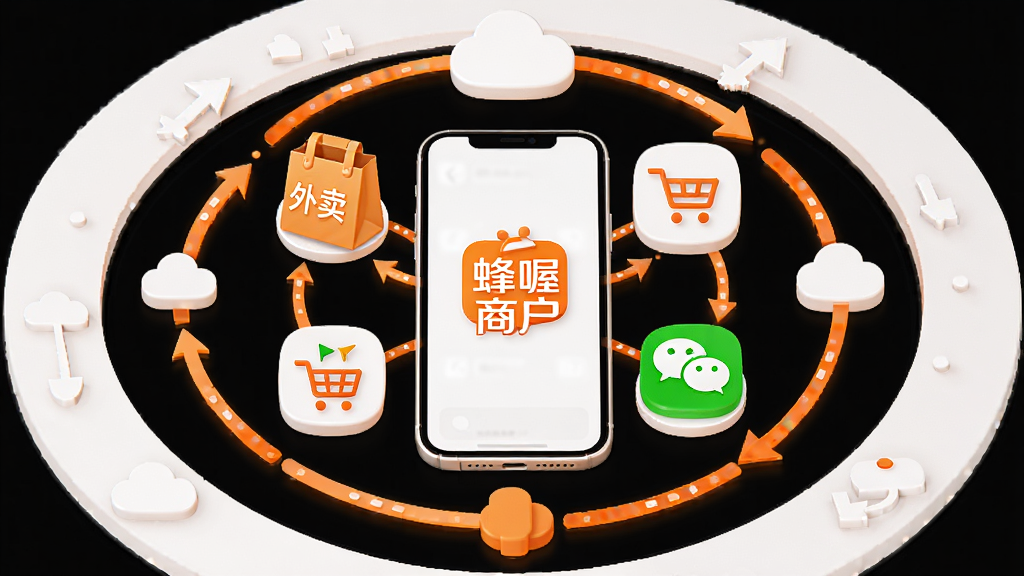 主体为“蜂喔商户”多平台管理示意图,画面中央是手机主界面,显示多个平台图标如外卖袋、购物车和微信符号连接在一起,周围有同步箭头和云朵。布局为同心圆式,手机在圆心。风格为简洁科技风,整体色调为白色和橙色。细节强调连接线的流畅感和平台图标的立体感。画质干净清爽,无多余元素。