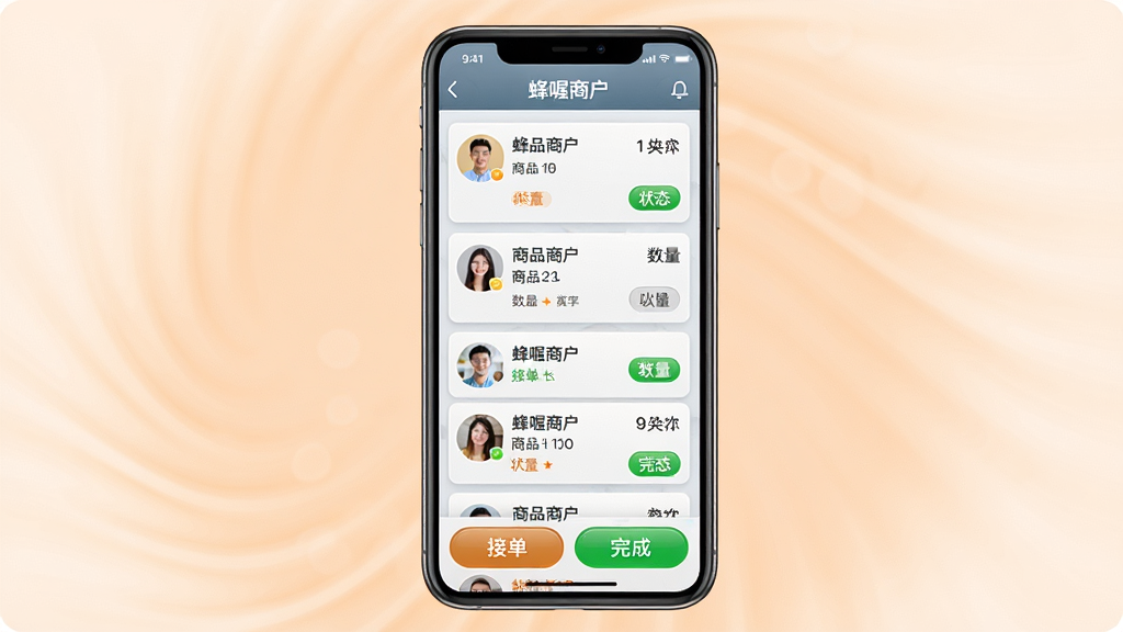 主体为“蜂喔商户”订单管理界面手机截图,屏幕上有多个订单卡片排列,包含顾客头像、商品名称、数量和状态标签,底部有“接单”“完成”按钮。布局采用列表式,手机竖直居中。风格为拟物化UI设计展示图,背景为柔和的浅橙色光晕。细节突出订单信息字体清晰,按钮配色醒目。画质高清晰度,干净整洁,无多余元素。