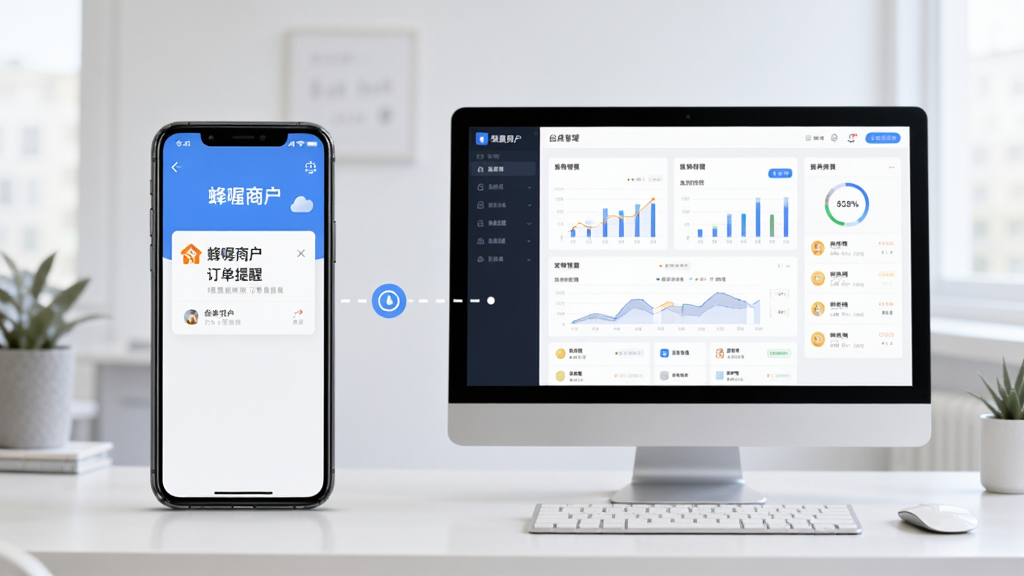 主体为一部手机和一台电脑并排展示,手机屏幕上显示“蜂喔商户”订单提醒画面,电脑屏幕显示后台管理界面,两个设备之间用虚线连接,表示数据同步。布局为左右分屏,背景为浅灰色工作桌。风格为写实与插画结合,细节突出屏幕上的数据图表和订单列表。画质干净明亮,无多余元素。