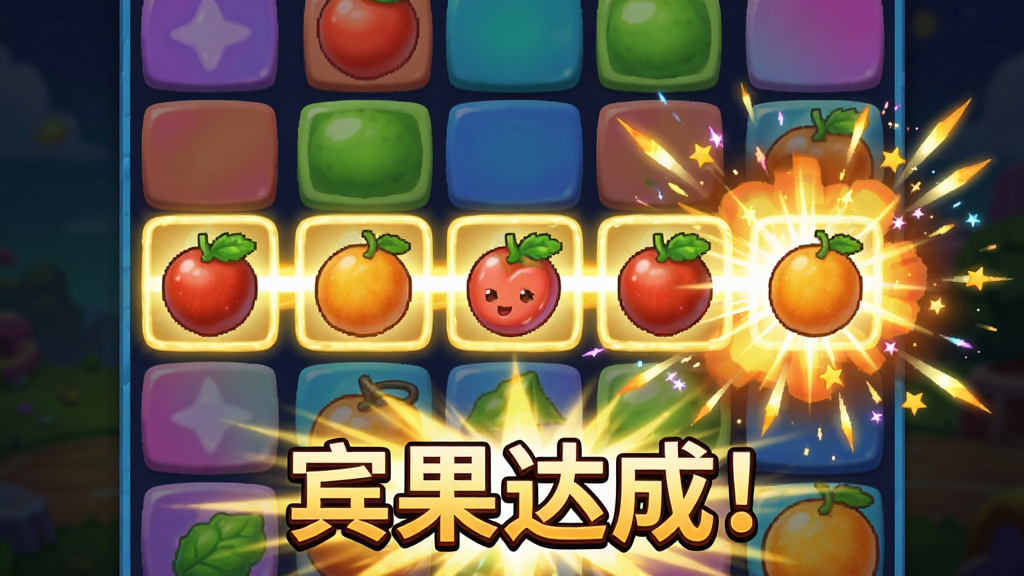 宾果消消消游戏内特色玩法截图,画面为彩色方块棋盘上正有一条金色光线串联起五个相同水果方块形成宾果连线,触发后周围方块爆炸化为星光,界面下方显示“宾果达成!”特效文字,色彩绚丽,动感十足,画质高清,干净无多余元素。