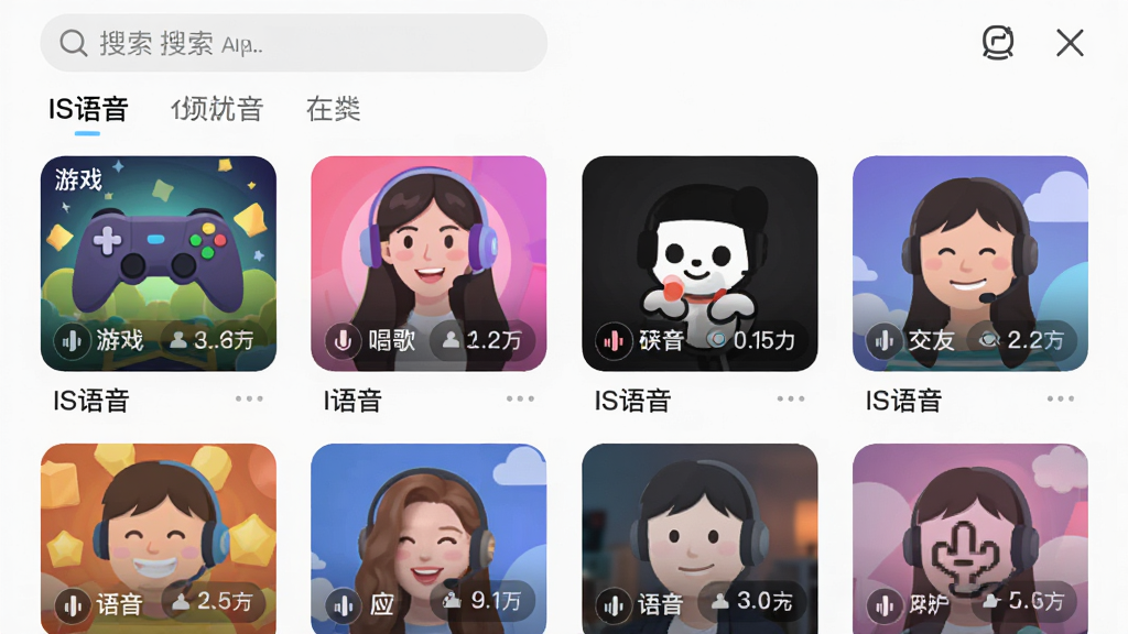 主体:IS语音APP的频道列表页面,展示多个不同类型的频道封面,有游戏、唱歌、交友等分类。布局:网格状排列,每个频道卡片包含封面图和在线人数。排版:色彩鲜艳,图标清晰,整体布局整齐。风格:扁平化UI设计风格,现代感强。细节:顶部搜索栏和分类标签,频道卡片下方显示“IS语音”字样。画质:高清,干净,无多余元素。