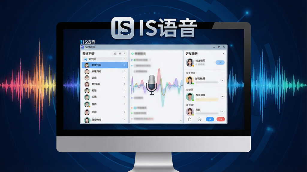 主体:IS语音软件的主界面展示,电脑屏幕上显示着软件界面,背景是多彩的动态声波图形。布局:居中构图,软件界面占据画面主要位置,四周留有适当空间,背景为深蓝色科技感光效,界面中清晰展示“频道列表”、“好友聊天”等模块。排版:画面简洁大方,突出软件logo和“IS语音”字样,文字颜色为白色,字体清晰醒目。风格:现代科技风,光线柔和,色彩对比鲜明,整体干净清爽。细节:界面细节丰富,包括清晰的图标、头像和文字。画质:高清,明亮,无多余元素,干净。