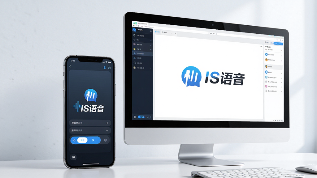 主体:一部智能手机和一台电脑并排摆放在桌面上,手机屏幕显示IS语音移动端界面,电脑屏幕显示IS语音PC端界面。布局:左右分布,中间略微重叠。排版:画面干净,突出两个设备的屏幕内容。风格:现代科技感,浅色背景。细节:屏幕中均显示清晰的“IS语音”logo。画质:高清,明亮,无多余元素。