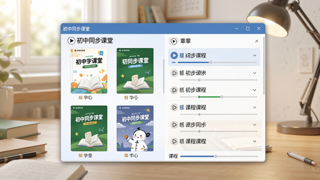 画面中央展示“初中同步课堂”软件界面,左侧列出各学科教材封面,右侧显示同步课程章节列表,背景为柔和的学习桌面,布局规整,风格写实,细节包括播放按钮和课程进度条,画质清晰无多余元素