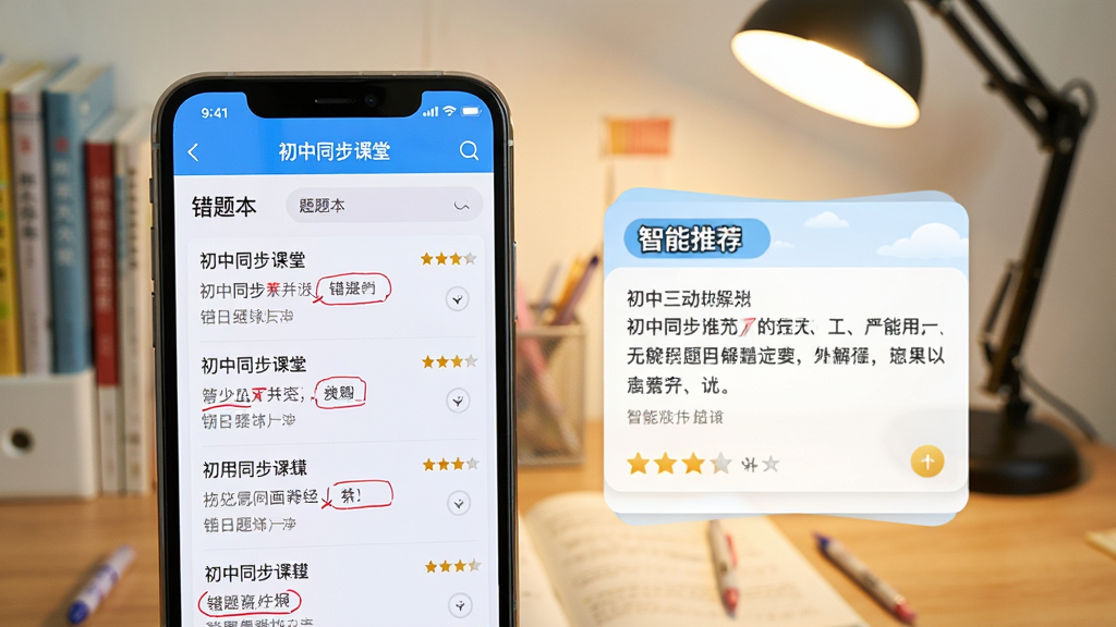 手机屏幕显示“初中同步课堂”错题本界面,呈现错题列表和解析,旁边有智能推荐题目卡片,背景为书桌和台灯,布局简洁,风格清新,细节包括红笔标记和星级评分,画质干净无多余元素