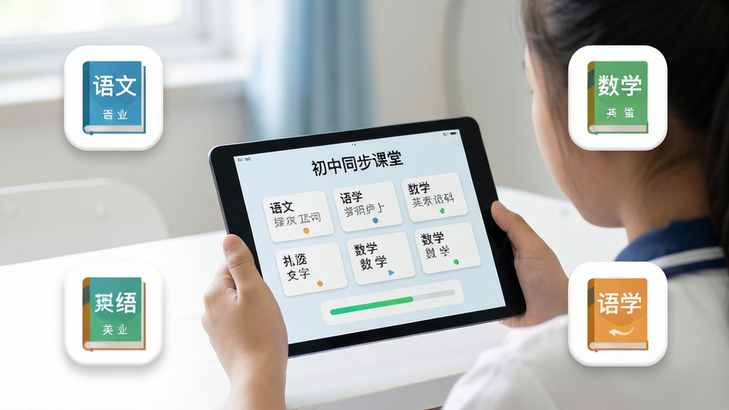 主体为一名初中生正使用平板电脑学习,平板屏幕显示“初中同步课堂”界面,周围环绕语文、数学、英语等教材图标,布局清晰有序,风格清新简洁,细节体现知识点卡片和进度条,画质高清干净无多余元素
