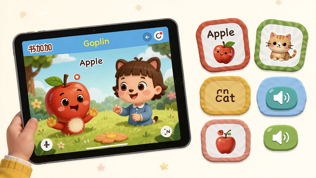 ���壺��ͯ����ʹ�á���Ӽӡ�APP�ۿ�Ӣ�Ķ�����ѧϰ���ʵĳ��������֣����������ƽ����ԣ���Ļ�ϲ�����ɫ�����޵�Ӣ�Ķ������Ҳ�����֮��Ӧ�ĵ��ʿ�Ƭ�ͷ�����ť���Ű棺��������ռ����Ҫ�Ӿ����򣬵��ʿ�Ƭ��Ƴɿɰ�����״����ť����С����ͼ�ꣻ��񣺿�ͨ�廭���ɫ����ܰ���ã�����ͯȤ��ϸ�ڣ�������ɫ����ḻ�������硰Apple������Cat������ʵ��ͼƬ�������Χ������죻���ʣ����������ɾ����޶���Ԫ�ء�