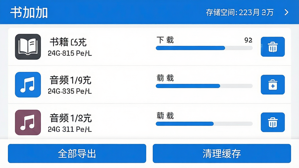 ���壺����Ӽӡ�APP����������ܵĲ������棻���֣����б���ʽչʾ�ѻ�����鼮����Ƶ�ļ���ÿ����Ŀ�Ҳ������ؽ�������ɾ����ť���ײ��С�ȫ���������͡��������桱���ܼ����Ű棺��Ϣ�б����������ļ���С�͸�ʽ��ע��ȷ����񣺹����ͽ�����ƣ������ʵ��������ɫ��ϸ�ڣ��ļ�ͼ�������鼮���鱾ͼ�꣩����Ƶ������ͼ�꣩������������ɫ��ʾ���洢�ռ���Ϣ�ڶ�����ʾ�����ʣ�UI������壬�ɾ����޶���Ԫ�ء�