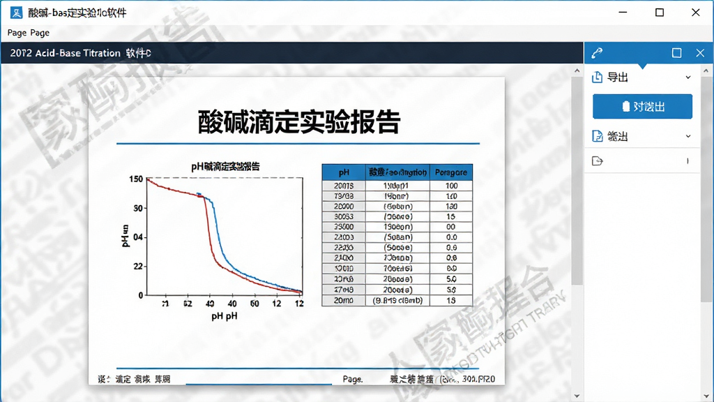 acid-base titration软件生成实验报告的界面截图,主体为电脑窗口展示一份图文并茂的PDF报告,上方显示标题“酸碱滴定实验报告”,下方包含pH曲线与数据表格,右侧工具栏有导出按钮,整体采用简约商务风格,白底黑字,蓝色点缀,布局清晰,细节包括页眉页脚、水印,画质高清干净,无多余元素