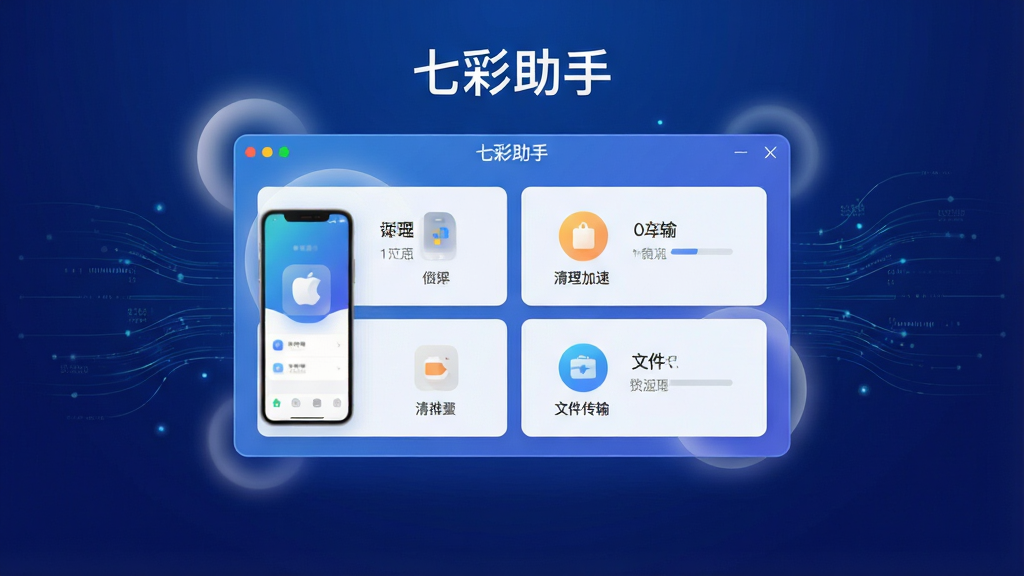 生图提示词:一张现代科技感的产品主视觉图,主体为“七彩助手”软件界面悬浮于深蓝色渐变背景中央,界面显示手机应用管理、清理加速、文件传输等模块图标,布局左右对称,风格扁平化设计,细节包括柔和的光晕与数据流动线条,画质4K高清,干净整洁无多余元素,文字“七彩助手”置于界面顶部居中。