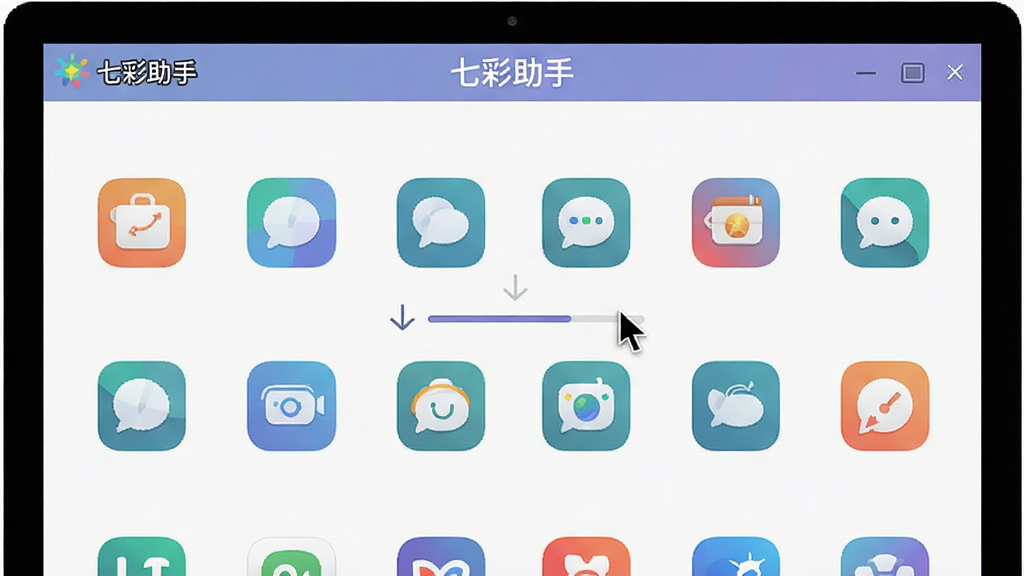 生图提示词:主体为电脑屏幕上的“七彩助手”应用管理界面,屏幕内展示多款APP图标排列成网格状,布局整齐,风格清爽明亮,细节包括鼠标指针悬停时的下载进度条,画质清晰,整体干净无多余元素,界面顶部显示“七彩助手”字样。