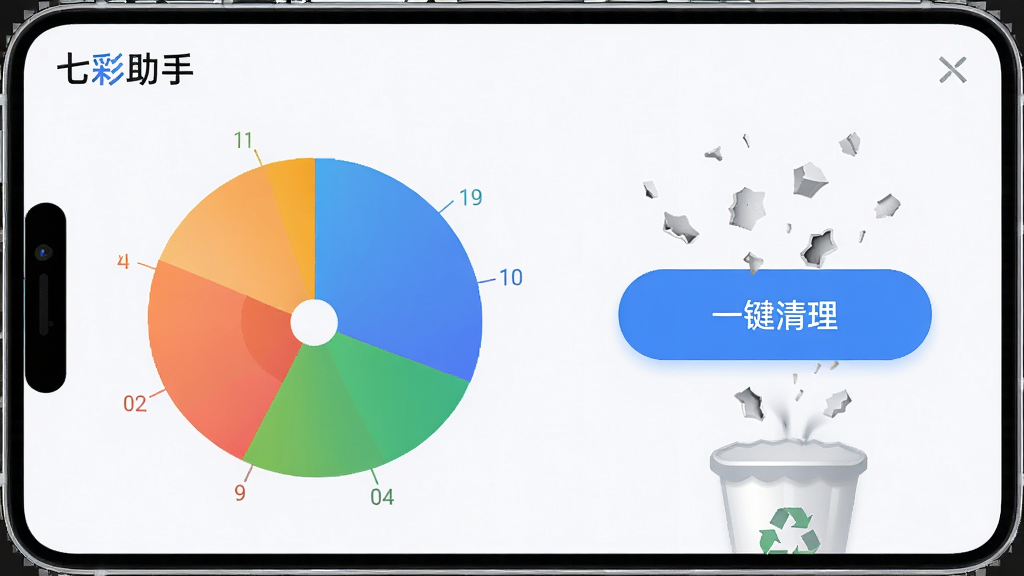 生图提示词:主体为“七彩助手”的清理加速功能界面,界面展示手机存储空间扇形图,旁边有“一键清理”蓝色按钮,布局简洁,风格现代科技感,细节包括漂浮的碎片被吸入回收站动画,画质高清,干净无多余元素,界面左上角标注“七彩助手”字样。