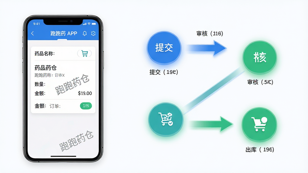 ���壺����ҩ��APP�Ķ����������ܽ��棬�ֻ���Ļ����ʾһ�Ŵ���˵�ҩƷ�������飬����ҩƷ���ơ������������֣��ֻ�λ�ڻ�����࣬�Ҳ����ԷŴ�Ķ���״̬��תͼ���ü�ͷ�����ύ����ˡ����⡢ǩ�սڵ㡣�Ű棺����������ͼʽ�Ű棬��������˵��������ִ���ƽ������������ɫΪ��ɫ����ɫ��ϸ�ڣ�������Ƭ���С�����ҩ�֡�ˮӡ��״̬�ڵ������ʾ��ǰ���ȡ����ʣ��߷ֱ��ʣ��ɾ��޶���Ԫ�ء�