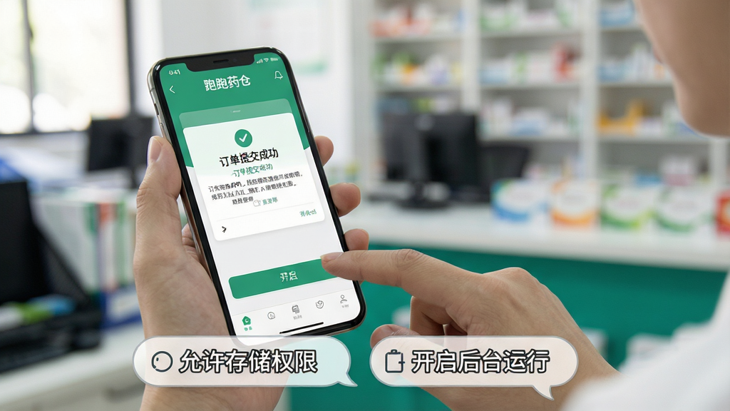 ���壺�û��ֳ��ֻ���������ҩ��APP����һֻ�ֵ����Ļ�ϵİ�ť�����֣��������û������ֻ�Ϊǰ��������Ϊģ���İ칫�һ�ҩ�껷�����Ű棺ͻ���ֻ���Ļ�ϵġ�����ҩ�֡����棬�·�����������˵������Ҫ�㡣���дʵ��Ӱ�����Ȼ�⡣ϸ�ڣ��ֻ���Ļ����ʾ�����ύ�ɹ�����ʾ������������Ϊ�������洢Ȩ�ޡ���������̨���С������ʣ����壬�ɾ��޶���Ԫ�ء�