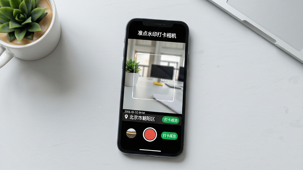 主体:一部智能手机屏幕展示“准点水印打卡相机”的拍摄界面,画面中央是清晰的取景框,下方有醒目的快门按钮;布局:手机位于画面中央偏下,背景为简洁的浅灰色办公桌面,左上角有一杯咖啡和一个小绿植;排版:手机屏幕中的界面显示有“准点水印打卡相机”字样,以及底部的水印信息条,包含日期“2026-01-15 09:00”、地点“北京市朝阳区”和“打卡成功”绿色按钮;风格:写实风格,光线明亮,画质清晰;细节:手机屏幕上的水印文字采用黑色加粗字体,清晰可读,背景的办公桌纹理自然可见;画质:高清,干净,无多余元素。