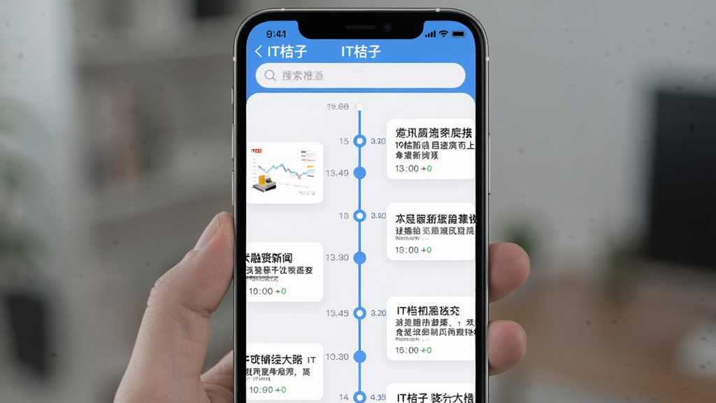 ���壺IT����APP����Ѷ���ͽ��棬��Ļ����ʾ�����������źͶ�̬ʱ���ߡ����֣��ֻ���������Ļ����һ����ֱ��ʱ���ߣ�ÿ���ڵ���������ժҪ���Ű棺ʱ���߾��У����������п�ƬʽժҪ�������������򡣷���ִ���Ϣ�����ǳɫ��������ɫ������ϸ�ڣ���Ļ���С�IT���ӡ����������ű�����Ŀ��ʱ�������������ʣ����壬�ɾ����޶���Ԫ�ء�