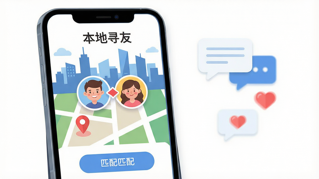���壺һ�������ֻ���Ļ��ʾ����Ѱ��APP�����棬����������������ͨ����ͷ���ڵ�ͼ��������ͼ�꣬�Ϸ��г��м�Ӱ���������֣��ֻ�λ�ڻ�������ƫ���Ҳ����״��жԻ����ݺͰ���ͼ���׺���Ű棺�ֻ���Ļ��չʾ������Ѱ�ѡ�������ƥ�䰴ť�����幹ͼƽ�⡣��񣺱�ƽ���ִ��廭���ɫ�����졣ϸ�ڣ���ͼ���ж�λ��㣬����ͷ�����΢Ц�����ʣ����壬�ɾ����޶���Ԫ�ء�