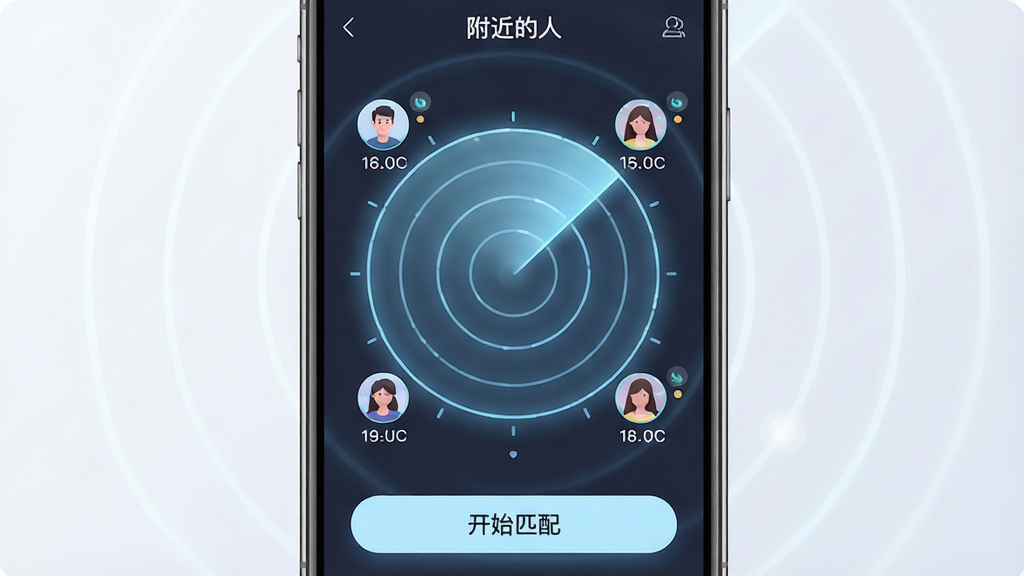 ���壺�ֻ���Ļ����ʾ����Ѱ��APP���״�ɨ�趯������Χ�ж���û�ͷ��Сͼ�ꡣ���֣��ֻ����У���Ļ���״���ͬ��Բ������ɢ��ͷ��ֲ������ܡ��Ű棺��Ļ�·��С���ʼƥ�䡱��ť��������ʾ���������ˡ�����񣺿Ƽ���UI���棬������͡�ϸ�ڣ��״ﲨ�ƴ��е���ɫ���Σ�ͷ�����о����ʶ�����ʣ��������ȣ��ɾ������