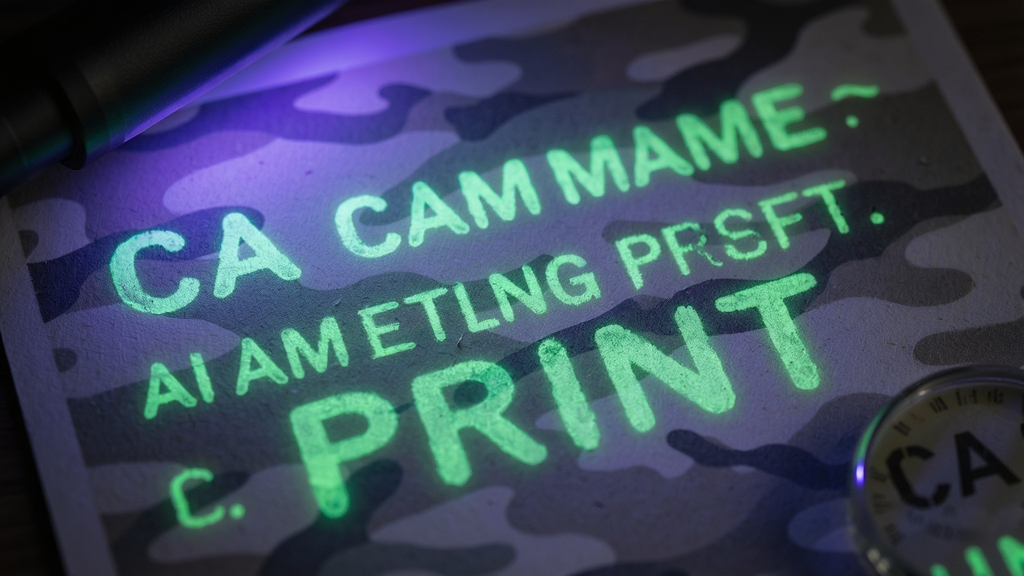 CA Camo PRINT隐形墨迹打印效果展示图,主体为一张印有隐形文字的纸张在紫外线灯照射下显现绿色荧光文字,布局特写,排版居中,风格写实,细节包括纸张纹理与荧光字迹清晰可见,画质高清干净无多余元素