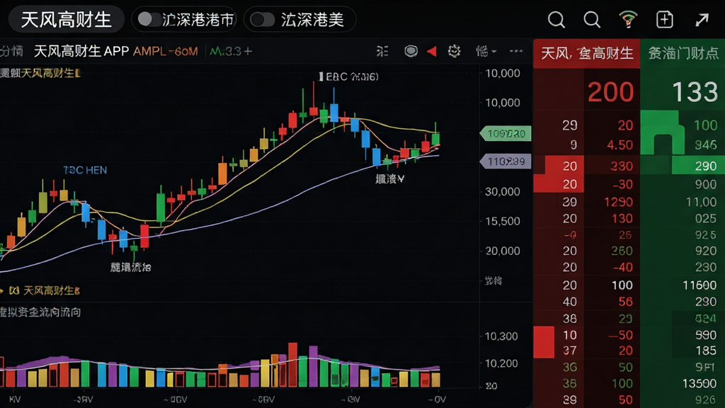 高清展示天风高财生APP行情页面的局部截图,主体为彩色K线走势图与右侧红绿买卖盘口,顶部有沪深港美市场切换标签。布局采用平视角度,图表占满大部分画面,下方辅以虚拟资金流向柱状图。风格为金融数据可视化,配色鲜明对比,细节突出涨跌颜色与均线走向,文字标注“天风高财生”字样,画质细腻干净,无多余元素。