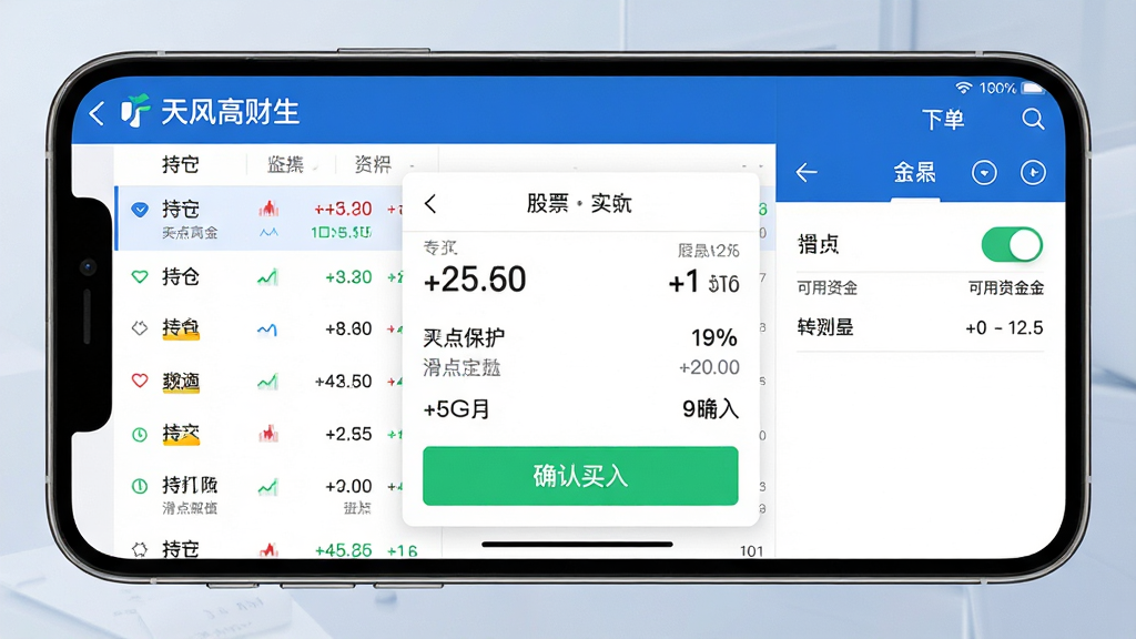 手机横屏展示天风高财生交易确认界面,画面中心为一只虚拟股票买入委托单,价格数量清晰,下方有“确认买入”绿色按钮。布局采用左右分栏,左侧为持仓列表,右侧为下单面板,风格为简洁商务蓝白配色。细节展示滑点保护开关与可用资金余额,顶部带有“天风高财生”品牌标识,画质高清,氛围专业可信,无多余元素。