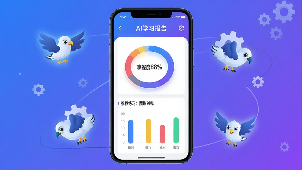 ��������Ϊ��Сӥħ��APP��AIѧϰ��������ͼ���չʾһ������ͳ��ͼ���ɫ��״ͼ�������ע�����ն�88%���͡��Ƽ���ϰ��ͼ�ζԳơ�������Ϊ�����ֻ���Ļ��ʽ��չʾ����Χ���Ʒ����Сӥͼ�������Ԫ�ء����Ϊ��ƽ���Ƽ���UI��ƣ�����ɫ���䱳����ϸ�����������ʸ��壬�ɾ��޶���Ԫ�ء�