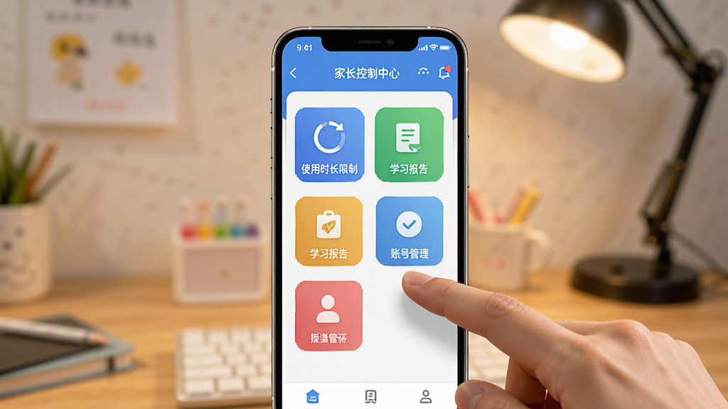 ��������Ϊһ�������ֻ�������ʾ��Сӥħ��APP�ļҳ��������Ľ��棬�������С�ʹ��ʱ�����ơ�����ѧϰ���桱�����˺Ź������Ȳ�ɫ����ͼ�ꡣ�Ա���һֻ�����ڵ����Ļ������Ϊ�ֻ���д���У�������ģ����������̨�ơ����Ϊдʵ��Ӱ��UI��ϣ�ϸ�����������ʸ��壬�ɾ��޶���Ԫ�ء�
