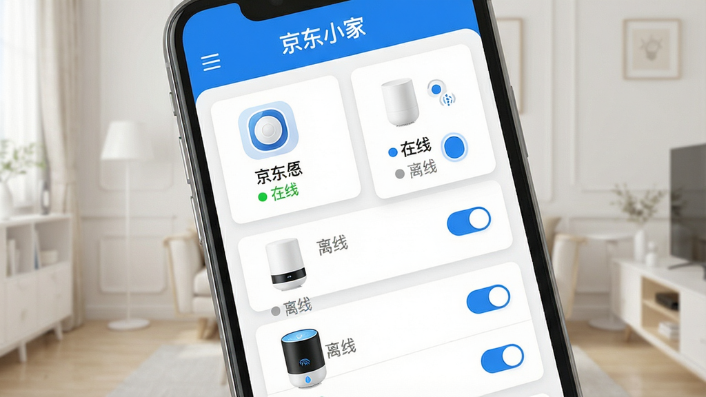 主体:京东小家App的设备列表页面,展示多个智能家居设备。布局:手机屏幕占据画面中心,设备以卡片式排列,每个卡片包含设备图标、名称和状态。排版:顶部为“京东小家”标题栏,下方为滚动设备列表。风格:扁平化设计,蓝白配色,简洁清晰。细节:部分设备卡片显示“在线”绿色标识,部分显示“离线”灰色标识,开关按钮明显。画质:高分辨率,明亮通透,干净,无多余元素。