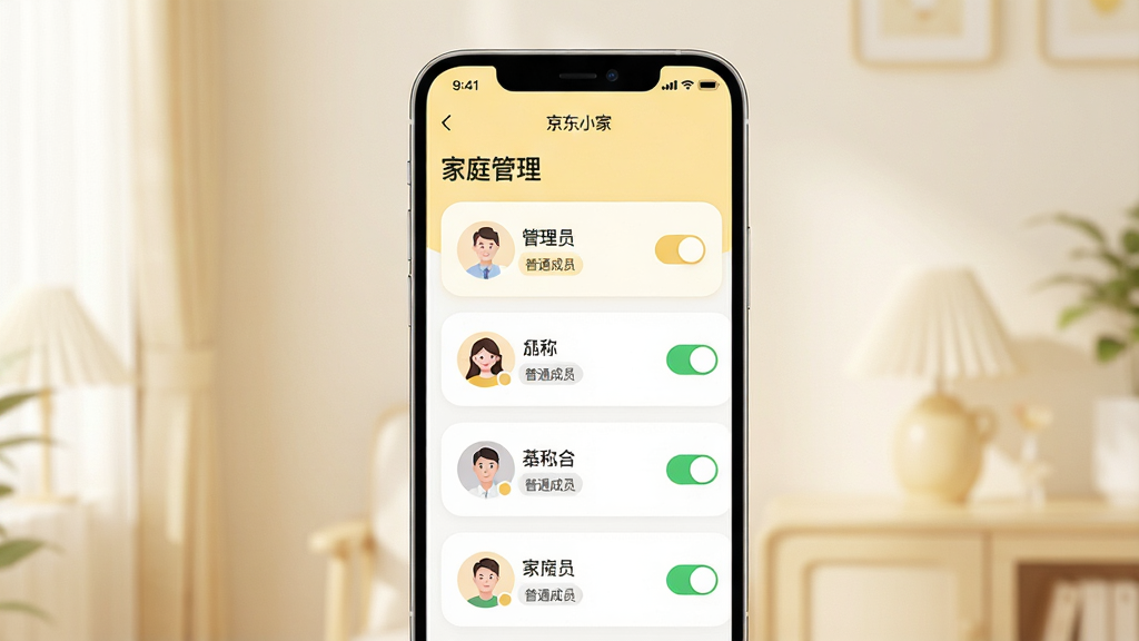 主体:一部智能手机显示京东小家App的家庭管理页面。布局:手机居中,屏幕内显示家庭成员列表及各自权限设置选项。排版:页面顶部为“家庭管理”标题,下方为成员头像与昵称。风格:温馨简约,浅黄色与白色搭配,圆角卡片设计。细节:成员头像旁有“管理员”或“普通成员”标签,权限开关清晰可见。画质:高清,柔和光线,干净,无多余元素。