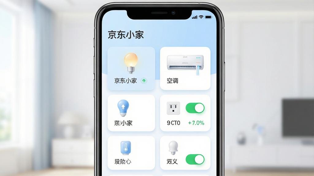 主体:一款名为“京东小家”的智能手机应用界面,展示智能家居控制面板。布局:手机居中,屏幕内显示多个设备卡片,如智能灯、空调、插座等,排列整齐。排版:上方有“京东小家”字样,下方为设备图标与状态文字。风格:现代简约,浅蓝与白色为主色调,明亮通透。细节:设备卡片带有柔和阴影,开关按钮为绿色,界面干净无多余元素。画质:高清,细腻,干净,无多余元素。