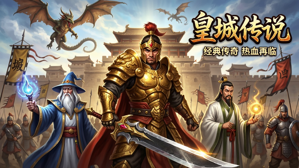 主体:《皇城传说》游戏主视觉图,古代皇城与战场背景,中央一位身穿金色战甲的战士手持屠龙刀,身边有法师和道士,天空飞龙盘旋,城池旗帜飘扬,布局:战士居中,法师道士左右分立,远景是巍峨皇城与千军万马,排版:游戏Logo“皇城传说”置于画面右上角,下方配以“经典传奇 热血再临”字样,风格:写实厚涂,光影强烈,色彩浓郁,细节:盔甲纹理、刀锋寒光、魔法光效清晰可见,画质:8K超高清,干净,无多余元素。