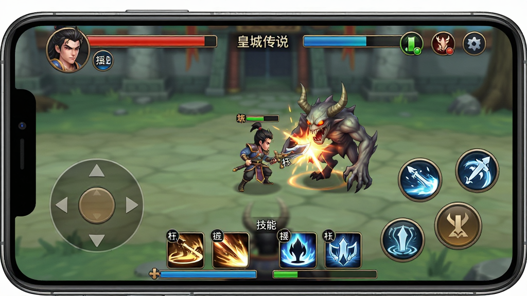 主体:《皇城传说》游戏操作界面示意图,手机屏幕上显示虚拟摇杆与技能按钮,左侧摇杆,右侧技能键,画面中角色正在与怪物战斗,布局:界面上下分布血条与经验条,中间为战斗画面,排版:屏幕上方显示角色头像与状态图标,底部为技能栏,风格:手机游戏UI风格,简洁直观,细节:技能图标清晰,文字标注“技能”“摇杆”,画质:高清,干净,无多余元素。