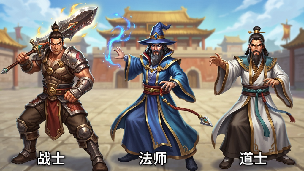 主体:《皇城传说》三职业角色展示图,战士、法师、道士并排站立,各持武器摆出战斗姿态,布局:三个角色横向排列,战士居左、法师居中、道士居右,背景是皇城广场,排版:每个角色下方标注职业名称“战士”“法师”“道士”,风格:游戏原画风格,色彩明亮,细节:角色装备纹理、武器特效、表情刻画精细,画质:高清,干净,无多余元素。