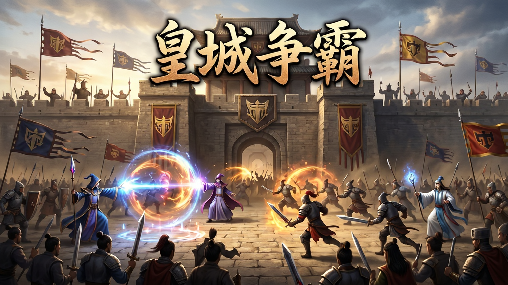 主体:《皇城传说》皇城争霸战宏大战争场景,众多玩家在城门前激战,城墙上插着行会旗帜,法师释放范围技能,战士冲锋,道士在后方辅助,布局:攻城方在下方,守城方在城墙上方,形成上下构图,排版:画面中央偏上位置加入“皇城争霸”四字艺术字,风格:史诗级战争风格,光影大气,细节:人物众多但不杂乱,技能光效与旗帜飘动清晰,画质:极高,干净,无多余元素。