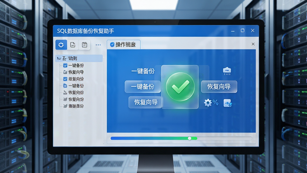 主体:软件主界面,电脑屏幕显示SQL数据库备份恢复助手操作面板,背景为数据中心服务器机柜。布局:界面居中,左侧功能树,右侧大面积操作区域,底部为进度条。排版:清晰的信息层级,标题栏显示软件名称,按钮排列整齐。风格:现代科技感,蓝白主色调,带玻璃拟态效果。细节:按钮上有“一键备份”“恢复向导”字样,屏幕高亮显示绿色对勾标志。画质:8K,干净,无多余元素。