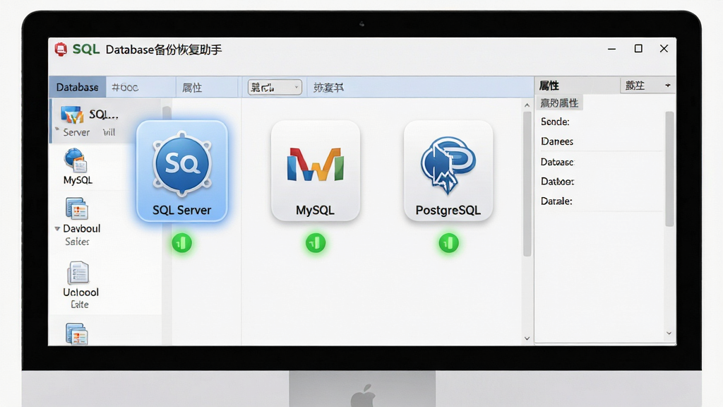 主体:电脑屏幕显示SQL数据库备份恢复助手数据库类型选择界面,图标依次排列SQL Server、MySQL、PostgreSQL。布局:横向排列,每个图标下方带连接状态指示灯。排版:网格分布,左侧为数据库实例列表,右侧为属性面板。风格:拟物与扁平结合,柔和阴影。细节:SQL Server图标高亮,连接状态灯为绿色。画质:高质量,干净,无多余元素。