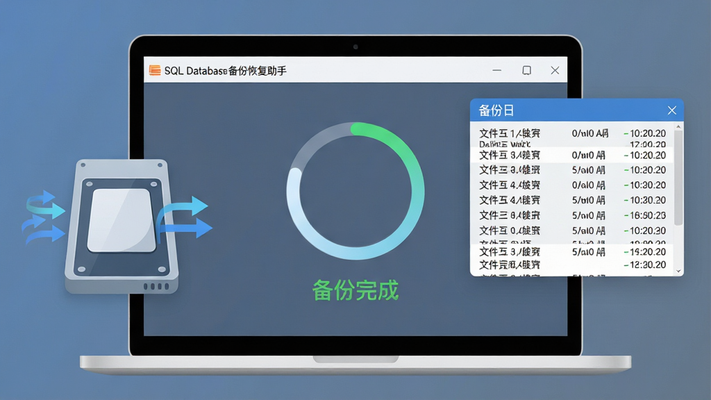 主体:笔记本电脑屏幕中SQL数据库备份恢复助手正在执行备份任务,旁边有外部硬盘图标。布局:屏幕中央显示进度环,右侧浮窗展示备份日志。排版:简洁,进度环下方显示“备份完成”绿色字样。风格:现代扁平化,蓝灰背景,高光点缀。细节:硬盘图标上有数据流向动画,日志区列出文件大小与时间戳。画质:高清,干净,无多余元素。