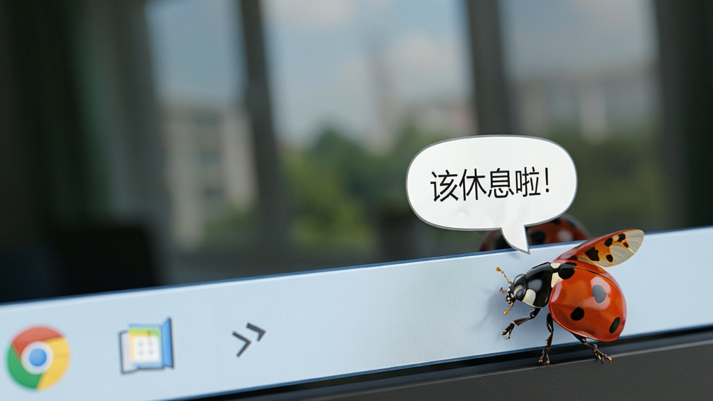 主体:一个电脑屏幕特写,屏幕右下角有一只瓢虫正趴在任务栏上,旁边弹出气泡提示“该休息啦!”;布局:任务栏清晰可见,瓢虫位于右下角;排版:近距离拍摄屏幕,画面干净;风格:写实风格,屏幕反光自然;细节:气泡文字清晰可见,瓢虫翅膀微微张开,色彩鲜艳;画质:高分辨率,细节丰富,画面干净,无多余元素。
