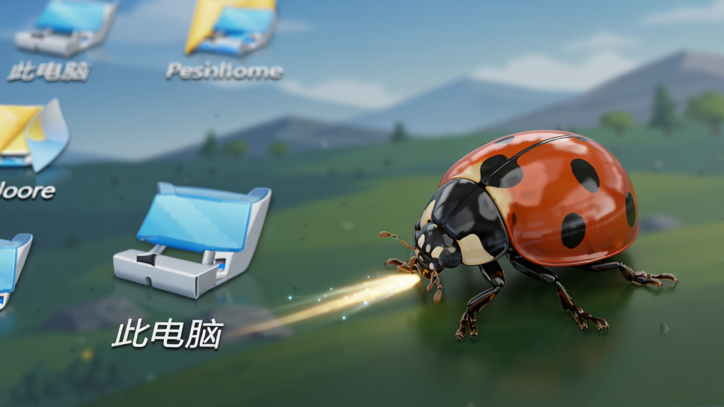 主体:一只瓢虫在Windows桌面上的“此电脑”图标旁边爬行,身后留下一道淡淡的光痕;布局:瓢虫位于画面右侧,桌面图标清晰排列在左侧;排版:俯视角度,桌面壁纸为简约风景;风格:高精度3D渲染,拟真风格;细节:瓢虫甲壳反射出桌面环境光,腿部清晰可见,动作生动,背景虚化;画质:细节丰富,光影真实,画面干净,无多余元素。