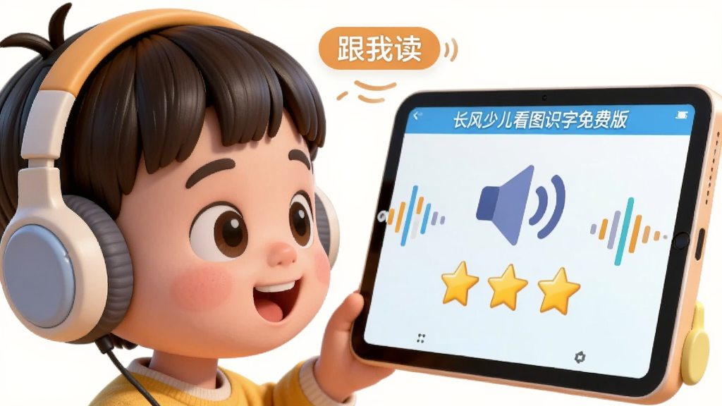 主体为一位小朋友戴着耳机对着平板电脑说话,屏幕上显示一个喇叭图标和三个五角星评分。布局采用近景特写,儿童在画面左侧,设备在右侧。排版上,画面中加入“跟我读”的圆角按钮和声波动态线条。风格为温馨的3D卡通渲染风格。细节上,儿童表情开心,设备屏幕上有“长风少儿看图识字免费版”字样。画质要求明亮柔和,干净无多余元素。