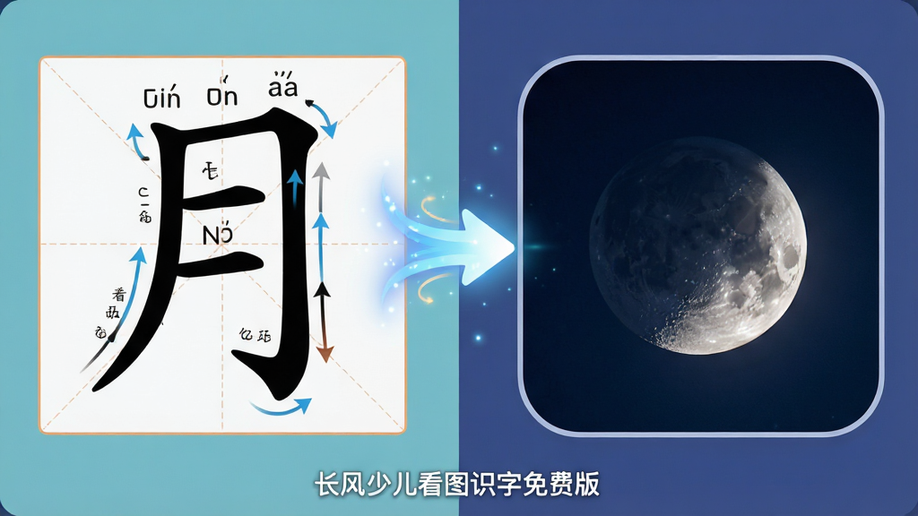 主体为屏幕截图风格画面,左侧显示汉字“月”,右侧对应展示一轮弯月的夜空实景图,中间有箭头连接。布局为左右分屏,中间用动态光效连接。排版上,汉字部分有田字格底纹,图片部分有圆角边框。风格为扁平化UI与真实摄影混合风格。细节上,汉字带有标准拼音标注和书写笔画顺序动画。画质要求高清晰度,干净无多余元素,图片中文字为“长风少儿看图识字免费版”。