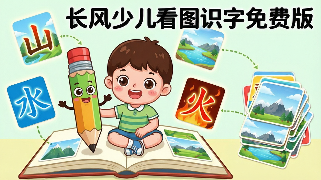 画面主体为一位可爱卡通儿童与一只拟人化铅笔伙伴,坐在打开的书本前,周围漂浮着“山”“水”“火”等彩色汉字卡片和对应自然风景图片。布局采用居中对称式,儿童位于画面中央偏左,右侧为识字卡片堆叠。排版上文字与图片一一对应,形成视觉连线。风格为明亮清新的儿童插画风,色彩饱和度高,线条圆润。细节上,汉字笔画有发光描边。画质要求高清细腻,干净无多余元素,图片中文字为“长风少儿看图识字免费版”。