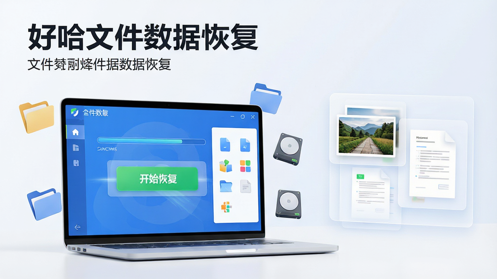 主体:一台笔记本电脑屏幕前,显示“好哈文件数据恢复”软件的主界面,界面中有醒目的绿色“开始恢复”按钮和文件类型图标。布局:电脑位于画面中央偏左,右侧留白区域用半透明卡片展示恢复出的照片与文档缩略图。排版:上下结构,上方是软件名称与简短标语,下方是操作示意。风格:现代科技感,蓝色与白色主色调,扁平化图标。细节:屏幕中模拟扫描进度条,界面周围的文件夹与硬盘小图标漂浮,画面干净整洁。画质:高清渲染,明亮通透,无多余元素。