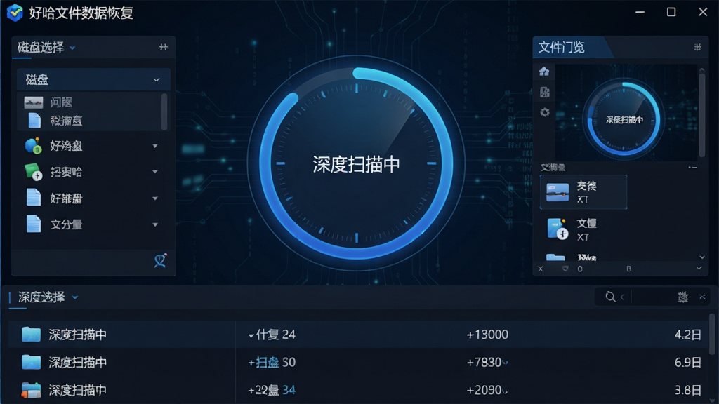 主体:“好哈文件数据恢复”软件深度扫描界面,中央显示圆形扫描进度环,下方列出扫描到的文件列表。布局:扫描环左侧有磁盘选择区域,右侧为文件预览窗格。排版:列表式布局,文件名与大小信息整齐排列。风格:深色背景搭配蓝色高亮,科技感界面。细节:扫描环上标注“深度扫描中”字样,文件类型图标清晰可辨,背景有微弱的数据流线条。画质:高清晰度,界面无杂乱元素。