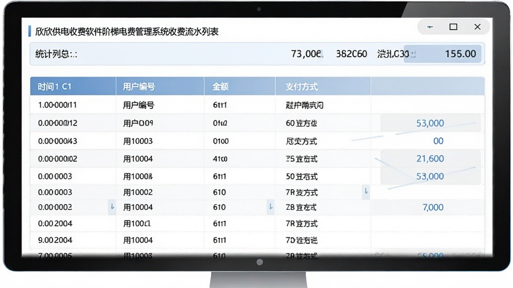 欣欣供电收费软件阶梯电费管理系统收费流水列表页面,表格展示时间、用户编号、金额、支付方式等列,顶部有统计汇总栏,整体采用简约商务风格,画面干净