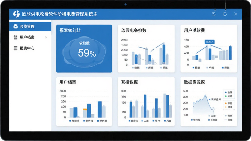 一张展示欣欣供电收费软件阶梯电费管理系统主界面的电脑截图,界面包含左侧菜单栏(收费管理、用户档案、报表中心)、右侧数据统计卡片,整体采用蓝白配色,扁平化设计,画质清晰,无多余元素